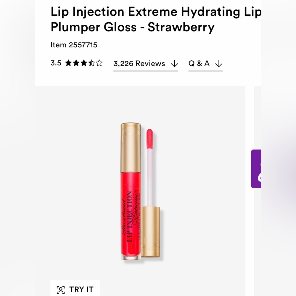 TOO FACED -Lip Injection Extreme Hydrating Lip
Plumper Gloss - Strawberry Kiss